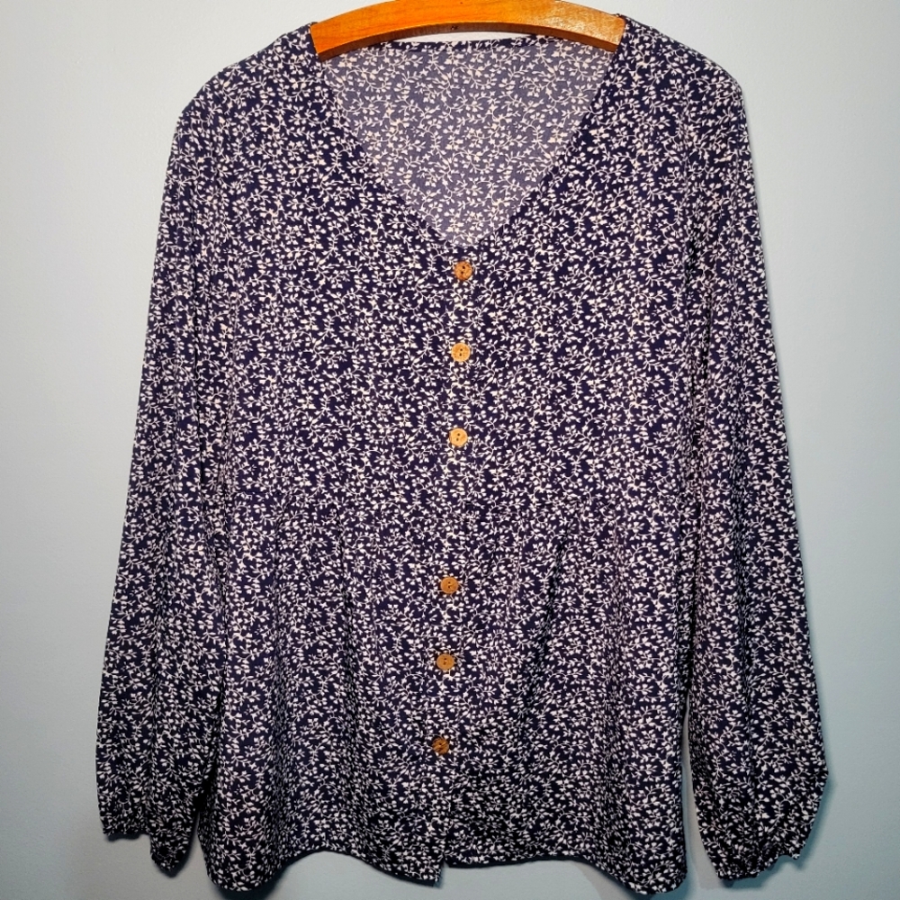 EMERY ROSE Ditsy Floral Print‎ Lantern Long Sleeve Blouse Womens Size Medium